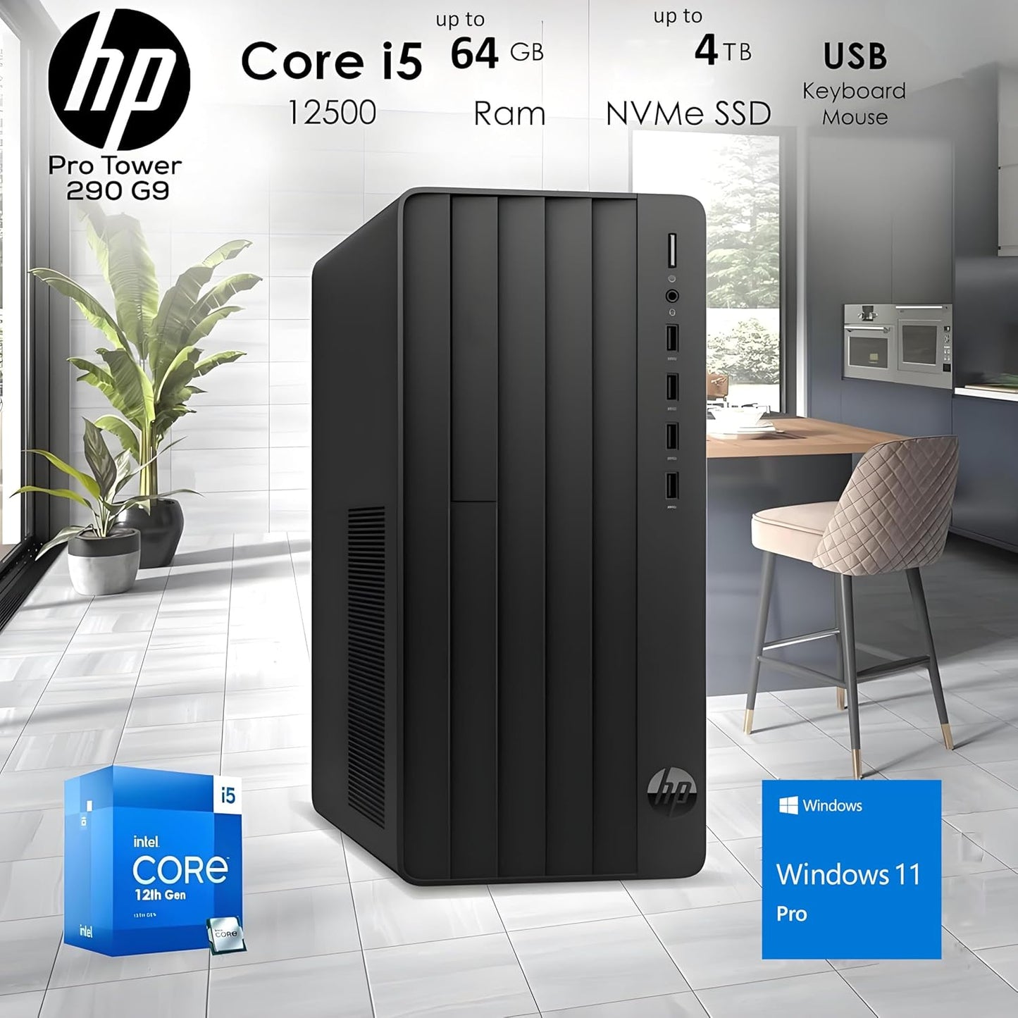 HP Desktop Computers Tower PC for Home Business Student, Intel 6-Core i5-12500 (Beat i7-11700), 64GB DDR4 RAM, 1TB PCIe SSD, WiFi, Bluetooth, RJ-45, Keyboard and Mouse, Windows 11 Pro, Wendbo