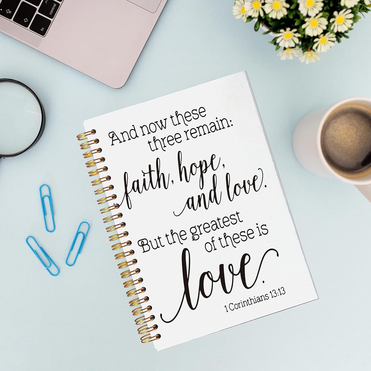 VNWEK Christian Bible Scripture 1 Corinthians 13:13 and Now These Three Remains Spiral Notebook Journal 5.5 x 8.3 inches,Christian Themed Lined Hardcover Spiral Notebook,Gifts for Women Teens Girls