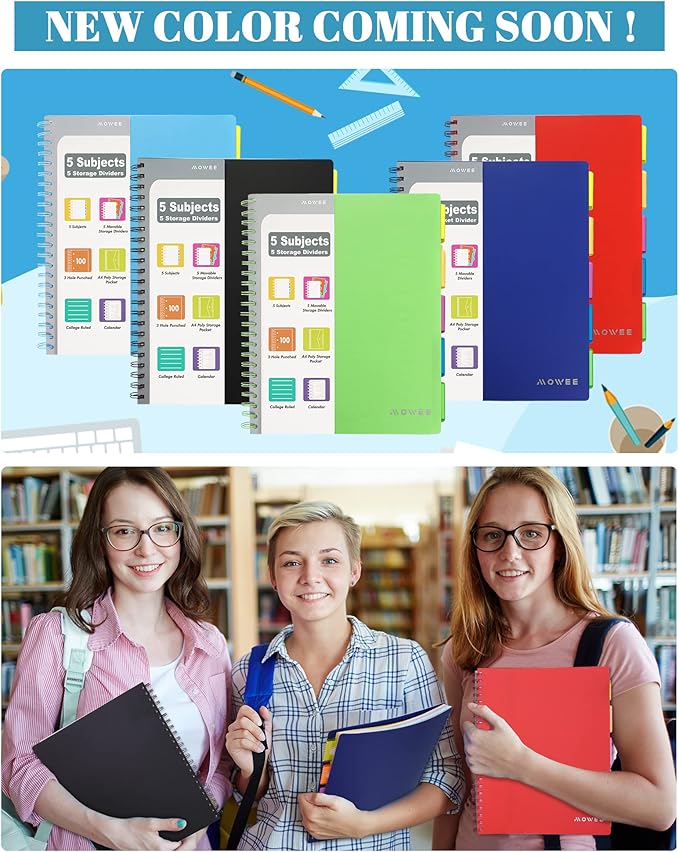 Spiral Notebook - 5 Subject Notebook, College Ruled Notebook With Dividers Pocket, Tabs Label, Ruler, 100Sheet 200 Pages, for Writing Journal, Home & Office, School Supplies, 8.5''x11'' Lime