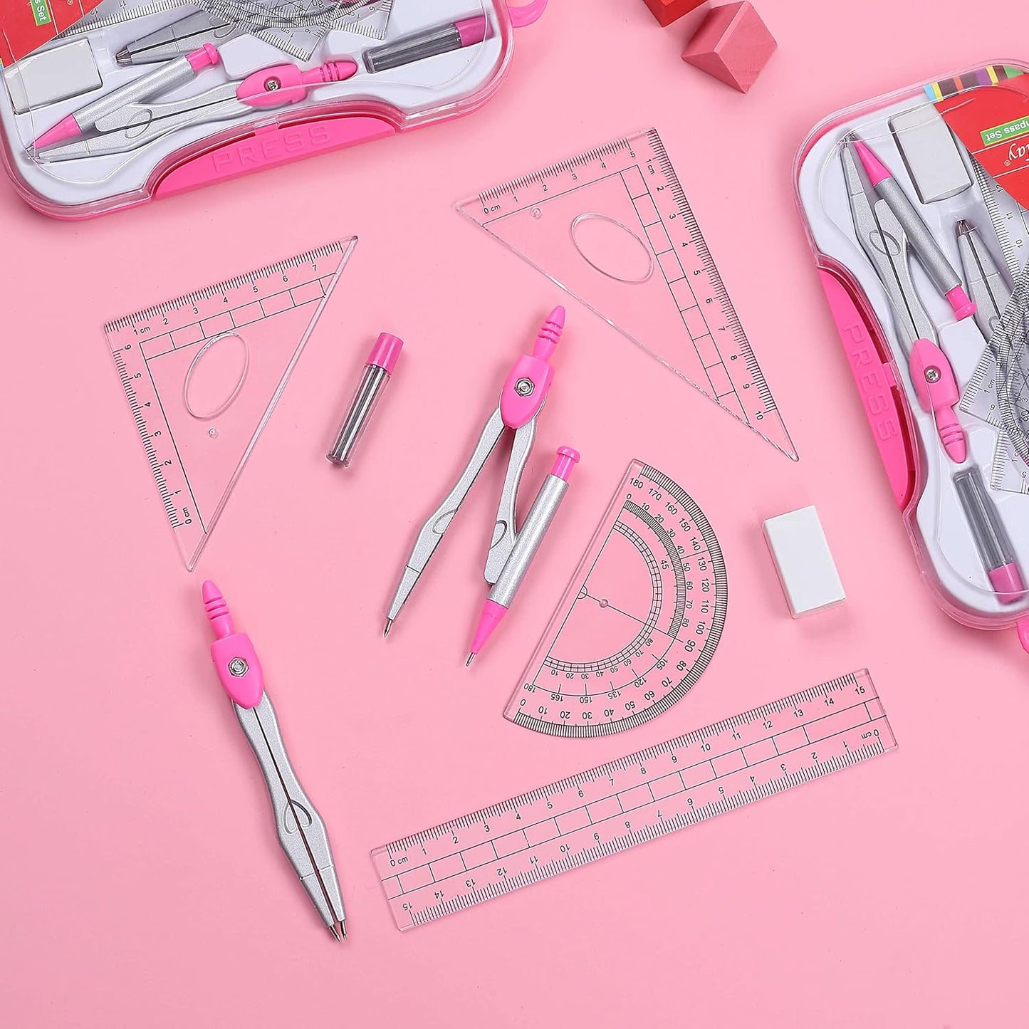 Lifreer Geometry Set,10 Pcs Protractor and Compass Set, Math and Ruler Set for Students, Class Supplies, and School - Essential Compass Geometry Tools for Precision and Quality (RED)