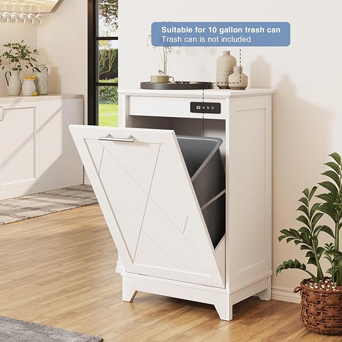 Tilt Out Trash Cabinet, Kitchen Trash Can Cabinet w/Negative ion and deodorizing Function, Dog Proof 20 Gallon Garbage Can Cabinet for Kitchen, Bathroom, Living Room, White