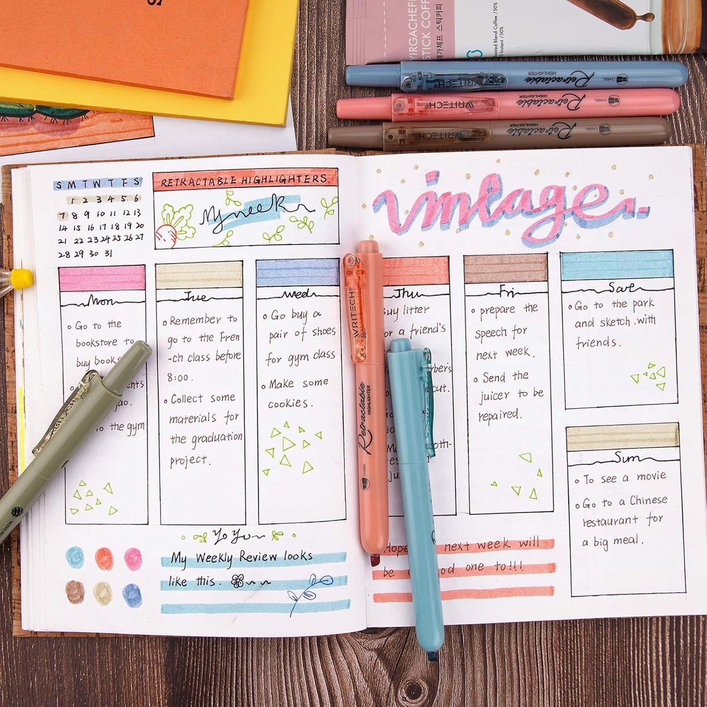 WRITECH Retractable Highlighters Assorted Colors: Chisel Tip Click Aesthetic Highlighter Marker Pens Pack Multi Colored Ink No Bleed Smear for Highlighting Journaling (6ct Vintage)