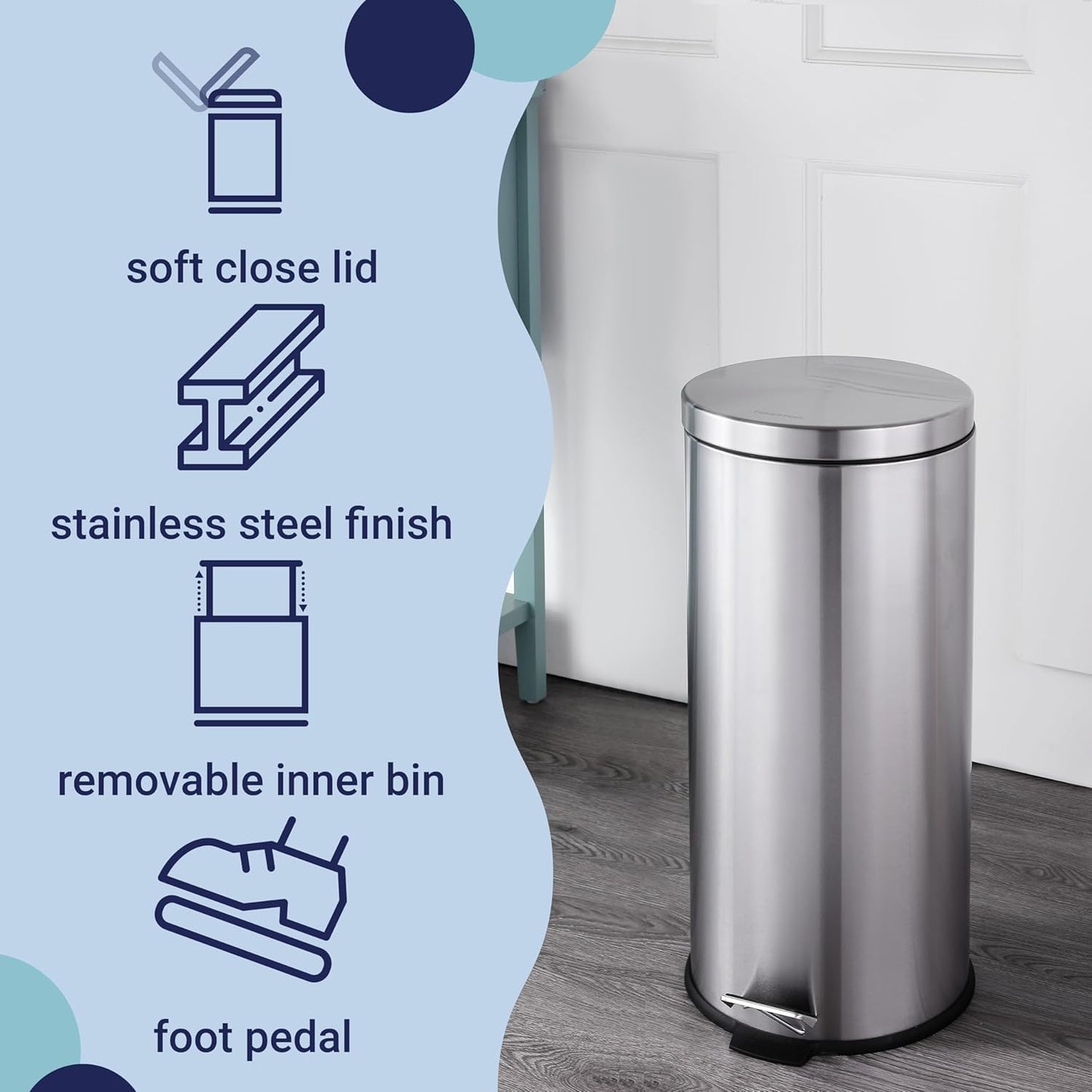 happimess HPM1000A Oscar 8-Gallon Step-Open Trash Can with Free Mini Trash Can, Modern, Fingerprint Proof for Home, Kitchen, Office, Large:7.9 Gallon Small:1.3 Gallon, Stainless Steel