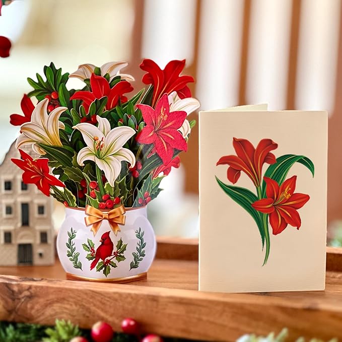 Freshcut Paper Pop Up Cards, Mini Winter Joy, 6 Inch Mini Sized Forever Flower Bouquet 3D Popup Greeting Cards, Christmas Card, Holiday Card, Blank Notecard & Envelope