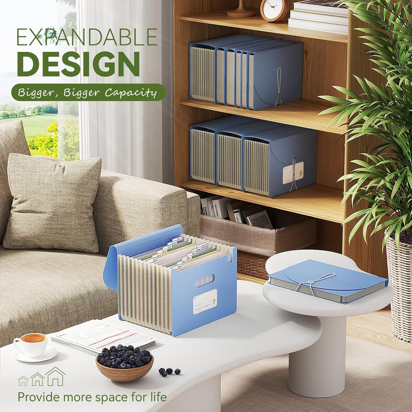 Accordion File Organizer, 12 Pockets Wheat Straw Expanding File Folder, Portable Monthly Paper Bill Tax Receipt Organizer, Letter A4 Size Document Holder，Green Office with Colorful Tab，UN Blue