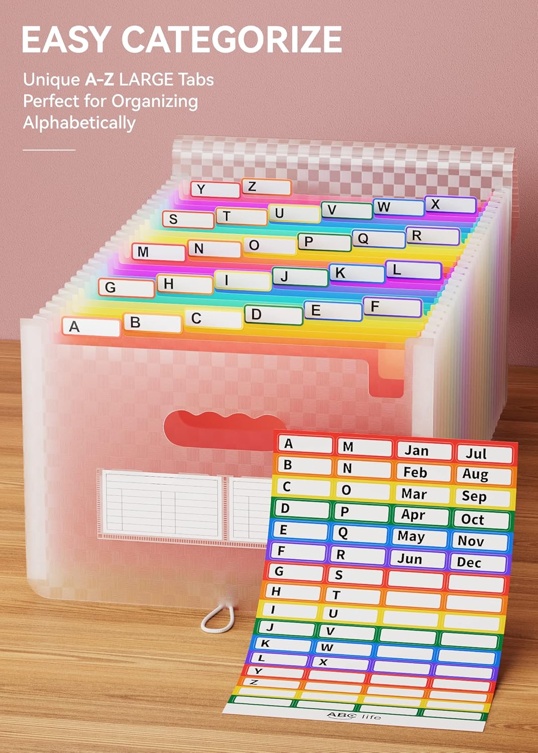 ABC life 26 Pockets Accordian File Folder Organizer Letter Size Expanding File Folder, A4 Portable Document Paper School Organizer, Expandable Multicolor Accordion Filing Folders with Labels(Pink)
