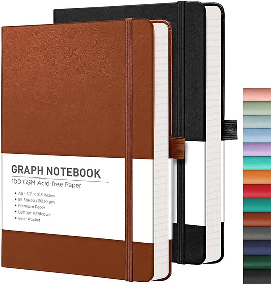 RETTACY Graph Grid Paper Notebook, 2-Pack, 192 Pages per Pack, A5 Medium Size (5.7'' x 8.3''), Leather Hardcover, 100 GSM Thick Paper, for School, Students, Math, Engineering (Black & Brown)