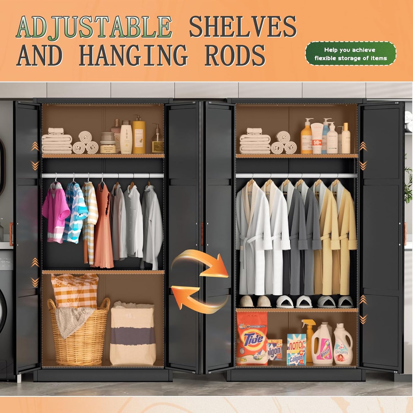 Greenvelly Metal Wardrobe Cabinet with Wooden Handle, 72" Black Metal Wardrobe Closet with Hanging Rods and Adjustable Shelves, Clothing Storage Closet Cabinet for Home, Office, Employee, Gym