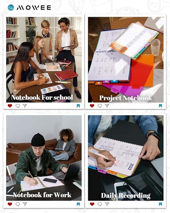 Spiral Notebook - 5 Subject Notebook, College Ruled Notebook With Dividers Pocket, Tabs Label, 11"Ruler, 300 Pages, for Writing Journal, Home & Office, School Supplies, 8.5''x11''Black 150sheets