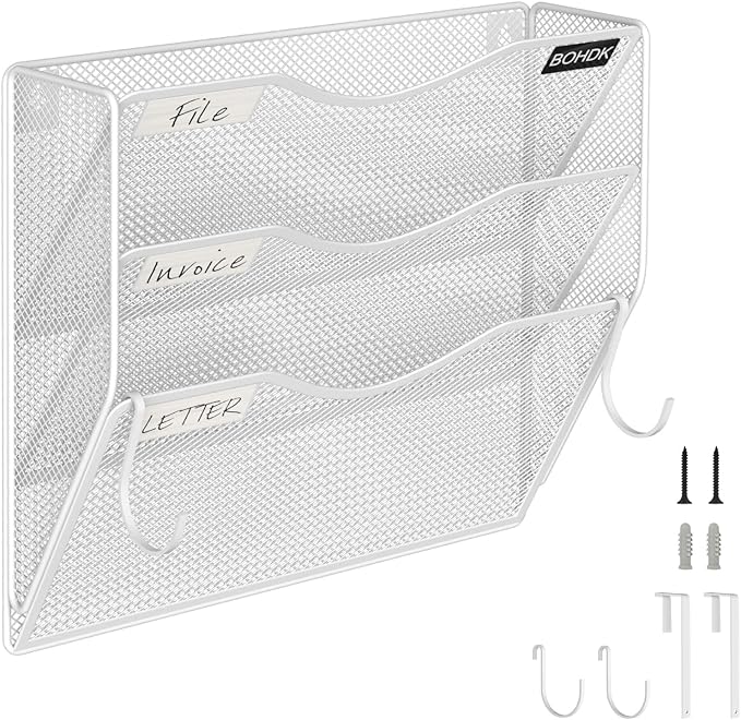 Wall File Organizer, 3 Tire Hanging File Folder Mail Organizer, Vertical Mesh Metal Door/Wall Mount Hanging File Organizer, Paper Document Magazine Rack with Hooks for Home Office White