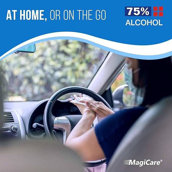 MagiCare 75% Alcohol Hand Sanitizing Wipes (Travel Wipes, 10 Packs) - Premium, Unscented, Large Alcohol Wipes - Hand Wipes Travel Size - Bag, Purse, Car - 10 Packs of 20 (200 Hand Sanitizer Wipes)