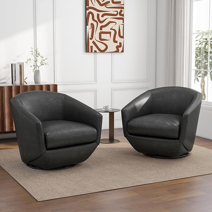 UIXE Faux Leather Swivel Accent Chairs Set of 2, Barrel Chair Upholstered Club Armchair for Living Room, Comfy Single Sofa Bedroom Side Reading Seat - Black