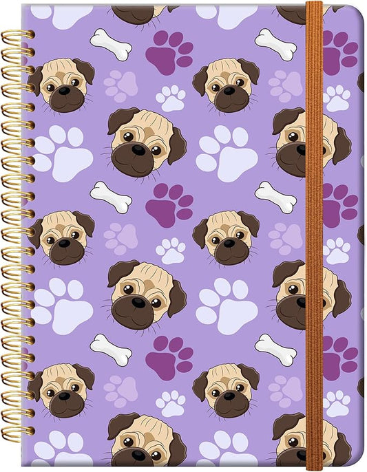 Ruled Spiral Writing Notebook,A5 Hardcover Lined College Journal for Women Lady,Fashion Puppy Watercolor Strong Twin-Wire Binding with Premium Paper,8.4" X 6",Perfect for School,Office,Home Gifts(Pug Bones Paws)