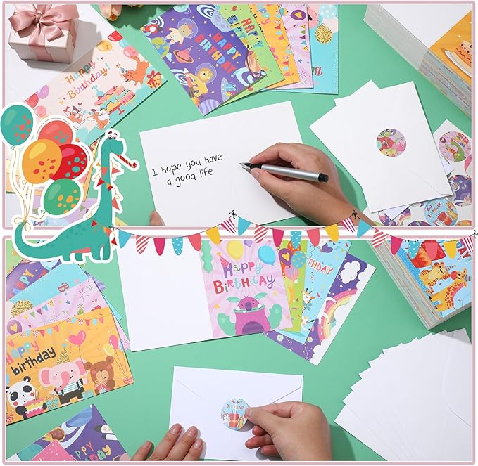 Harloon 200 Pack Happy Birthday Card Assorted Bulk with Blank Envelopes and Stickers 4 x 6 Inches Greeting Blank Happy Birthday Cards for Men Women Adults Kids, 20 Styles(Cartoon Style)