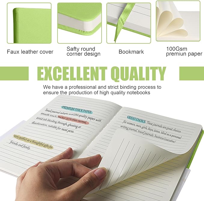 Lined Journal Notebook, 6Pack(Grass Green), 160 Pages, Medium 5.7 inches x 8 inches - 100 gsm Thick Paper, Hardcover