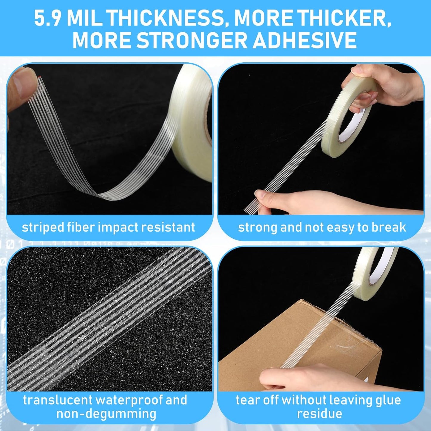 Treela 20 Rolls 1/2 Inch x 60 Yards Filament Strapping Tape Transparent Reinforced Fiberglass 5.5 Mil Heavy Duty Packing Shipping Tape for Sealing Binding Fixing