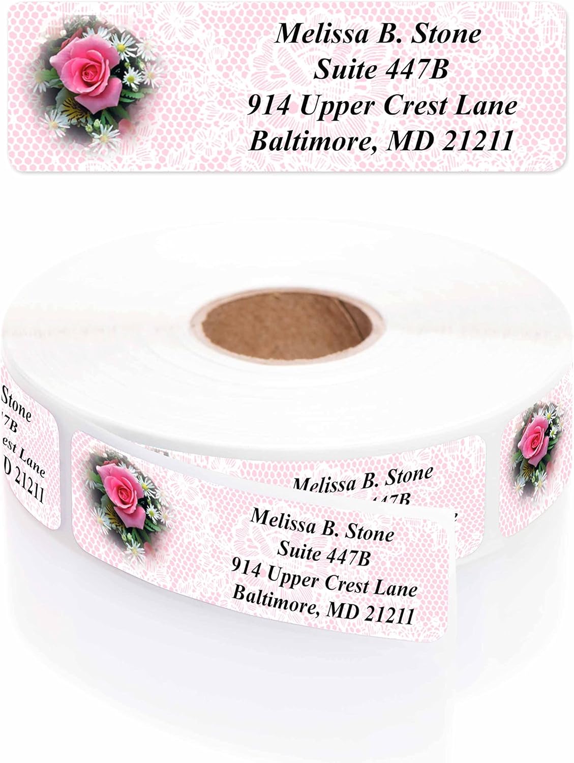 Romantic Rose Designer Rolled Address Labels with Elegant Plastic Dispenser