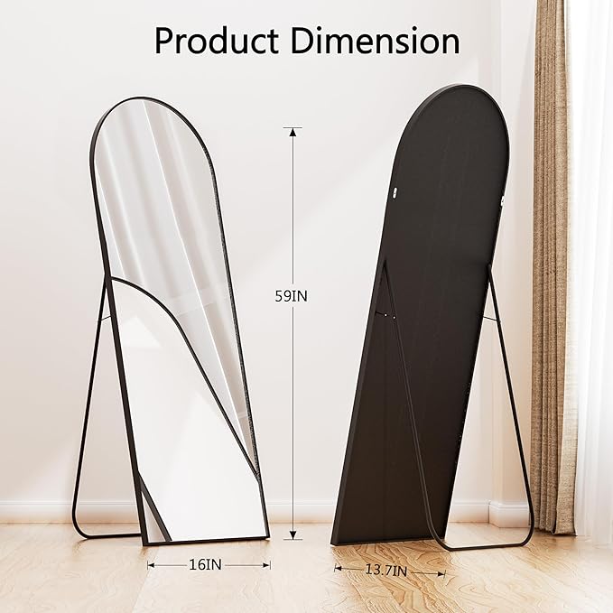 Simple Deluxe Arched Wall Mirror Full Length, 59"x16" Floor Mirror with Stand, Full Length Body Floor, Wall Mounted Mirror for Bedroom, Black