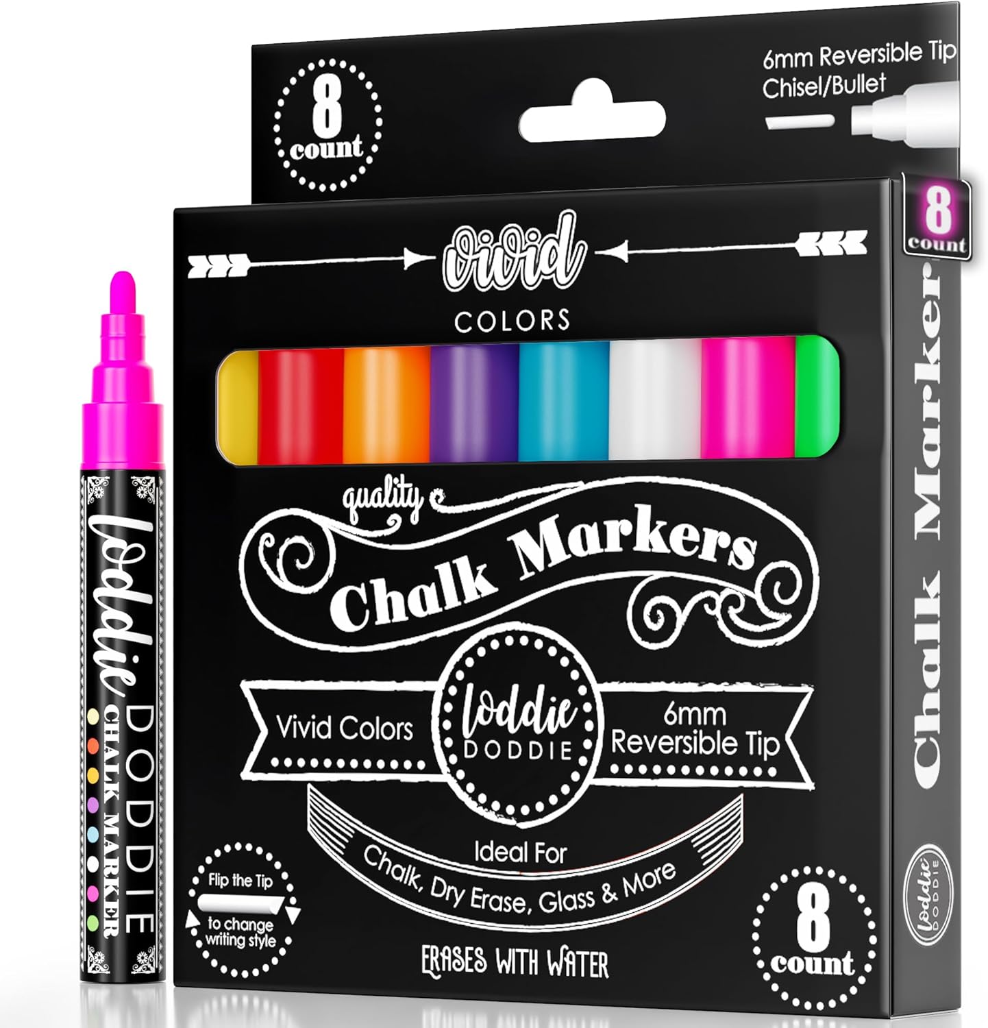 Loddie Doddie Liquid Chalk Markers - 8-Pack, 6mm Reversible Chisel & Bullet Tips - Erasable Neon Pens for Blackboard or Chalkboard - Chalk Markers for Blackboard