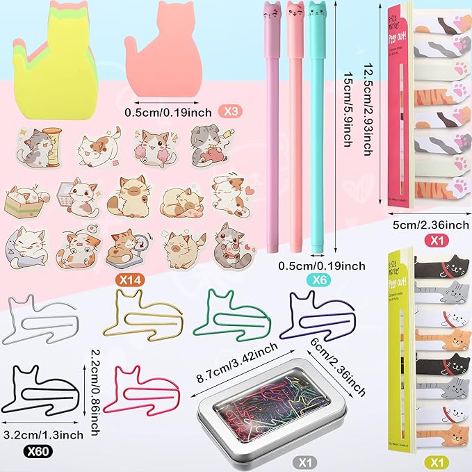 Outus Cat Office Supplies Cute Sticky Notes Paper Clips Gel Ink Pens Cartoon Stickers Party Favor for Cat Lovers Stationery School Office Supplies Desk Accessories(Vivid Style)
