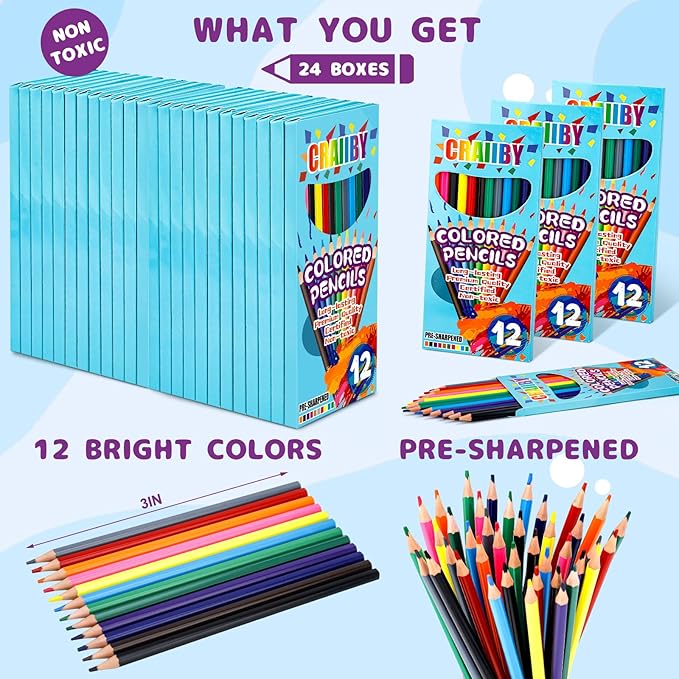 Premium Colored Pencils, Soft Core, 288 Count (Pack of 24), 12 Colors Pre-sharpened Color Pencils Bulk, Back to School Supplies, Classroom Prizes