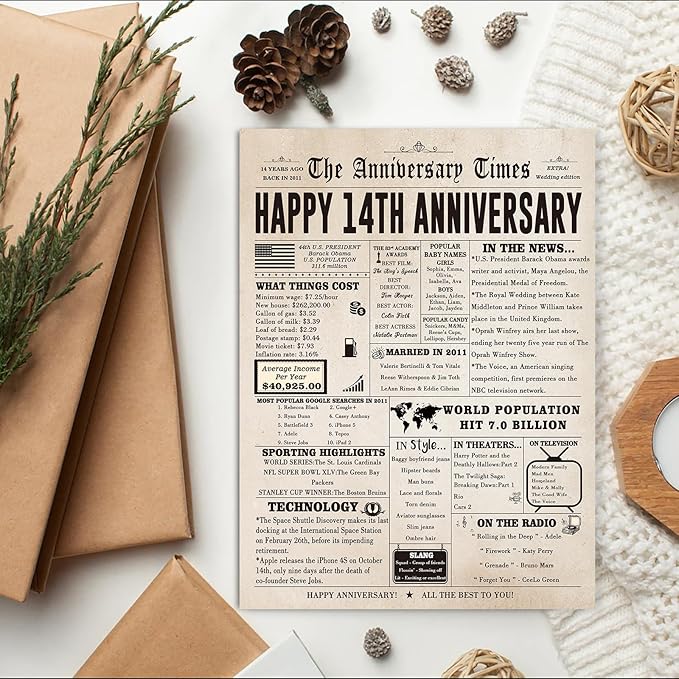 Happy 14th Anniversary Cards Gifts for Women Men, Jumbo 14th Wedding Anniversary Card Gift Ideas for Couple, Lovely 14 Year Anniversary Card for Wife Husband