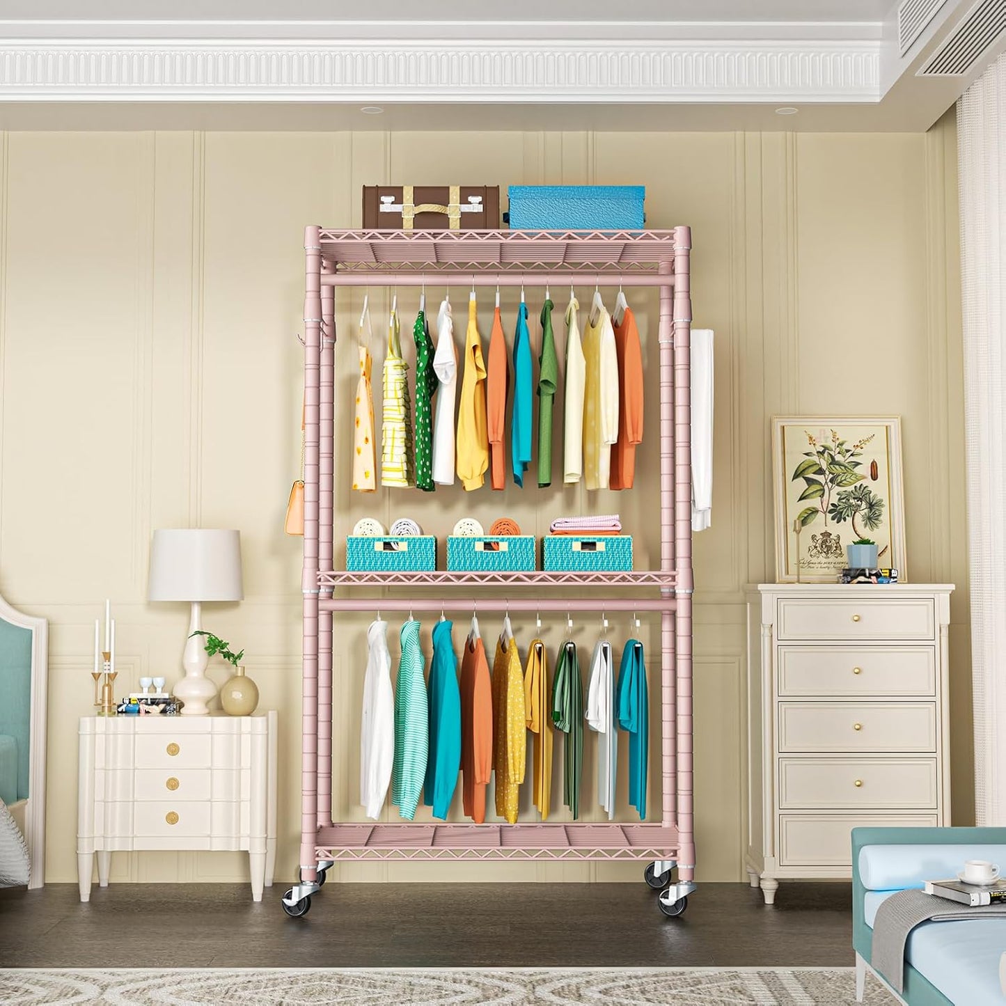 P1 Heavy Duty Garment Rack, 3 Tiers Adjustable Rolling Metal Closet Organizer with Lockable Wheels, FreeStanding Wardrobe with Double Hanger Rods & 1 Pair Hooks, Max Load 450 LBS, Pink