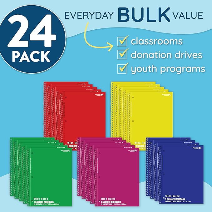 Blue Summit Wide Ruled Spiral Notebooks Bulk, 1 Subject Spiral Notebook Wide Ruled, Paper School Bulk Notebooks, 24 Pack