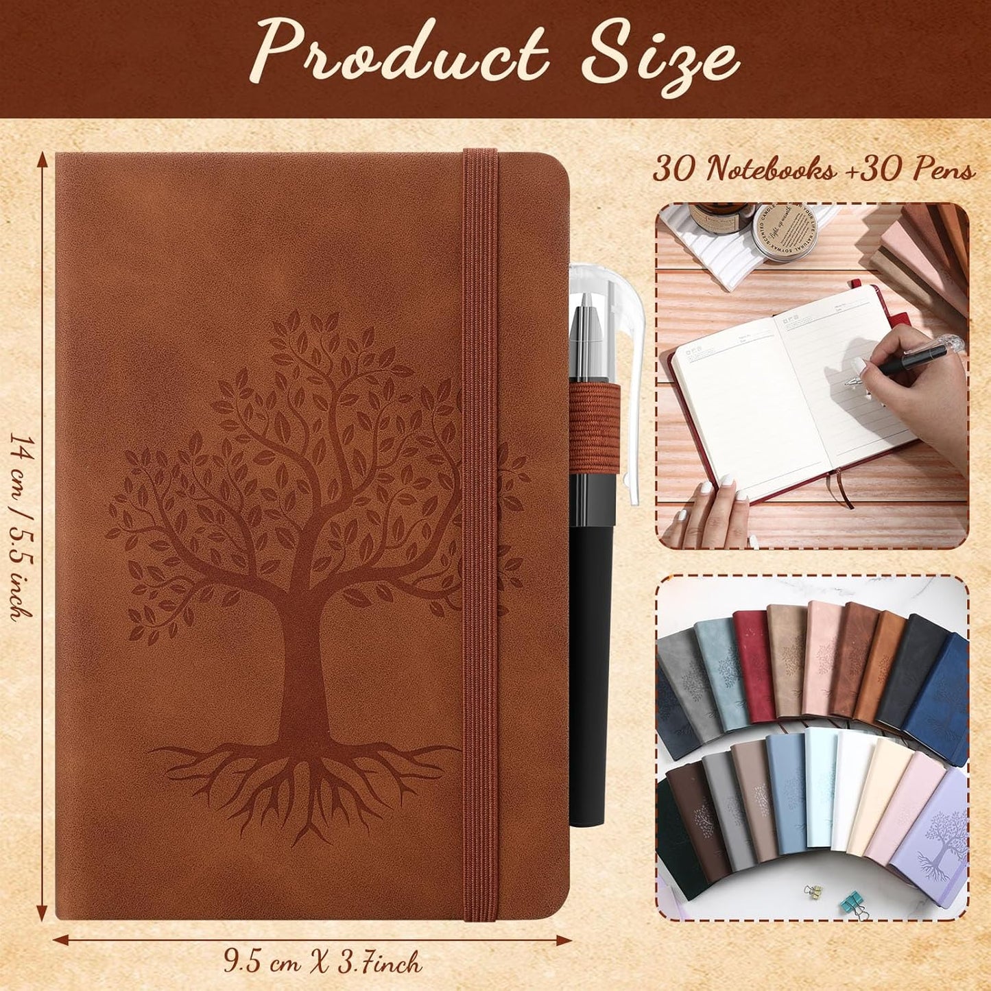 Estune Tree Small Notebooks Pen Leather Lined Pocket Subject Notebooks Hardcover Pocket Notepad Cute Ruled Leather Journals with Pen Holder for Men Women School Business, A6(Retro Color,30 Set)