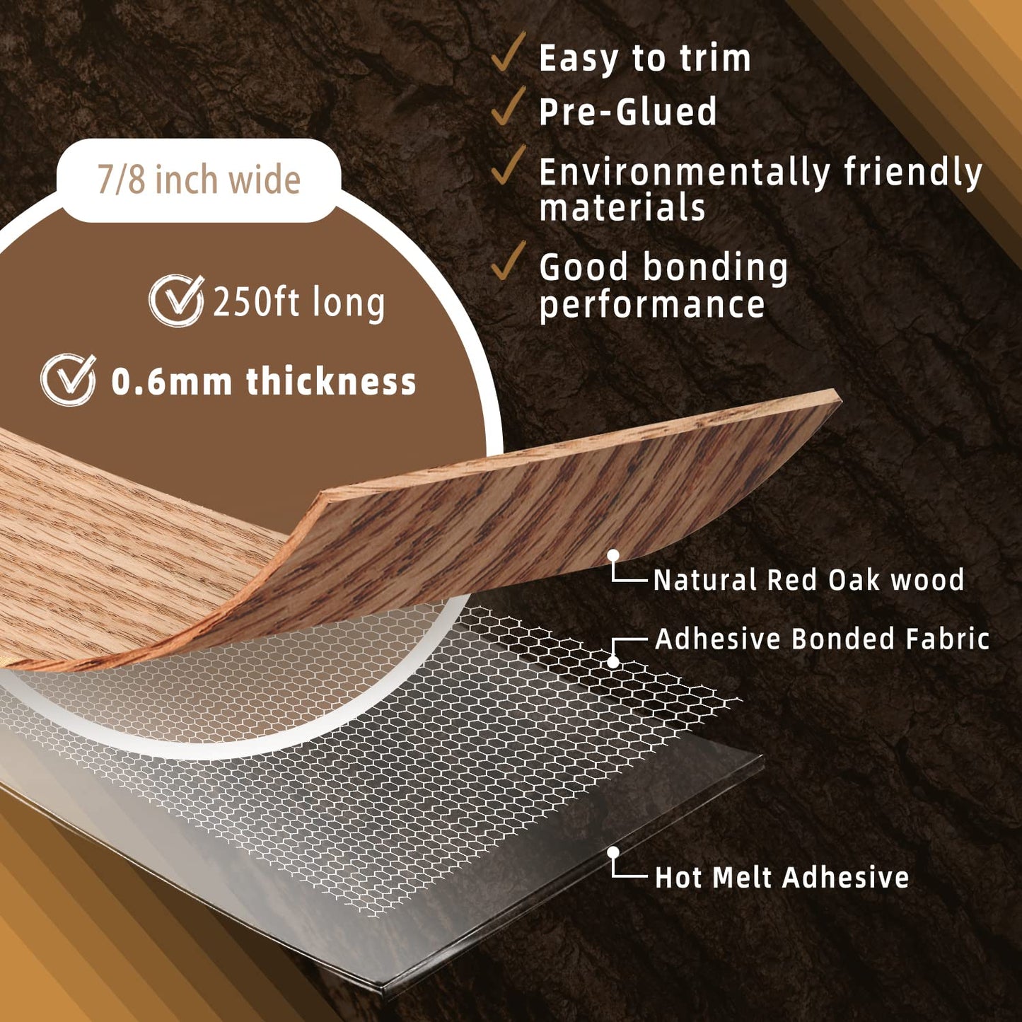 GSCIT Club Red Oak Edge Banding, 7/8 inch x 250ft roll of Veneer Plywood Edge Banding Preglued Flexible, Wood Tape Banding for Cabinet Repair