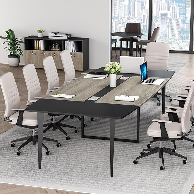 Tribesigns 8FT Conference Table, 94.48L x 47.21W x 29.52H Inches Boat Shaped Meeting Table with Rectangle Grommet, Modern Seminar Boardroom Table for Office Conference Room (Grey & Black, 8ft)