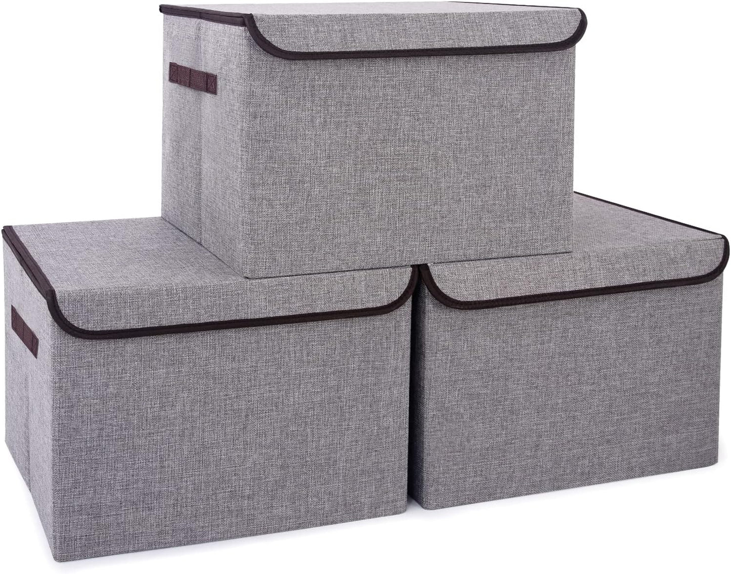 Large 17" 42 Quarts Collapsible Stackable Storage Bins with Lids [3-Pack] Foldable Fabric Linen Storage Boxes Cube, Closet Organizer Baskets with Label for Home (16.7 x 12 x 12, Gray)