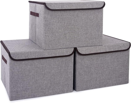 Large 17" 42 Quarts Collapsible Stackable Storage Bins with Lids [3-Pack] Foldable Fabric Linen Storage Boxes Cube, Closet Organizer Baskets with Label for Home (16.7 x 12 x 12, Gray)