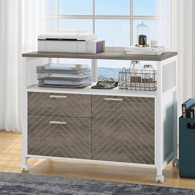 Tribesigns Modern File Cabinet with Drawers for Letter-Sized File and Door, Lockable lateral Filing Cabinet Printer Stand with Storage Shelves and with Rolling Caster for Home Office (Oak)