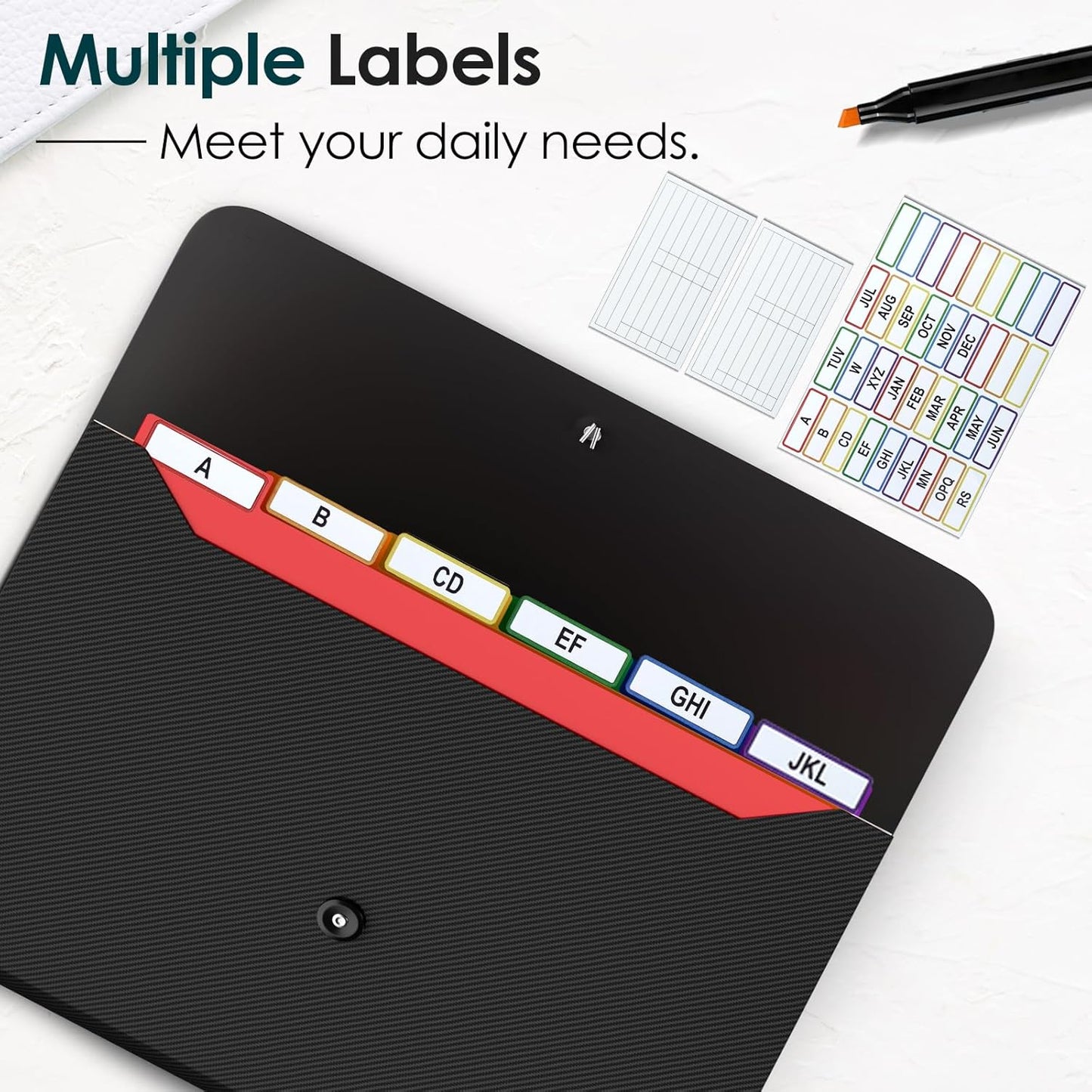 10 Pack Accordion File Organizer with Labels, 13 Pockets Expending File Folder, Binder for Document Storage, Classroom, Office, Home Use, Black