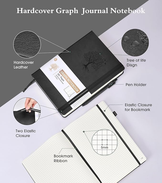 Graph Paper Notebook Journal, 360 Numbered Pages Grid Notebooks, Thick 100gsm Graphing Paper Notebook Journals for Women Men, B5 Large Hardcover Leather Graph Notebook 7.6'' X 10'' Black