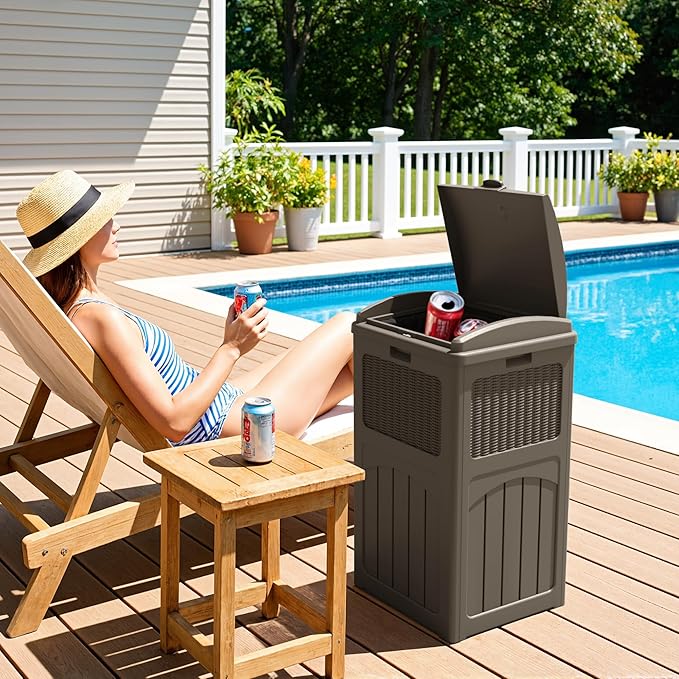 Greesum 33 Gallon Outdoor Trash Can with Lid, Waterproof Resin Garbage Bin for Hideaway, Deck, Patio, 3 Pack, Dark Brown