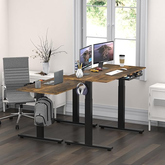 SHW 48-Inch Electric Height Adjustable Standing Desk with Drawer, Memory Preset and Cable Management Tray, Rustic Brown