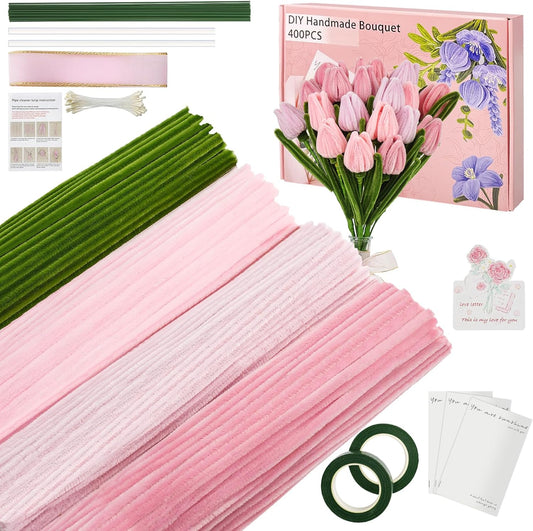400 Pcs Craft Pipe Cleaners Flowers,4 Colors Chenille Stems Bulk with Floral Wires,Tape,Greeting Card,Bouquet Paper,Hot Glue Stick,Stamen & Ribbon, Holiday Gifts for Women,Men,Teens,Elder