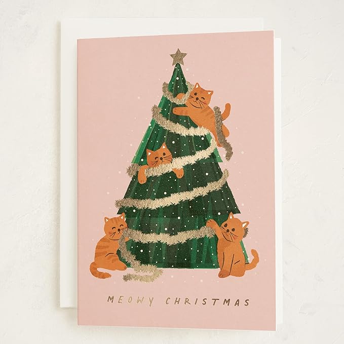 Minted Meowy Christmas Cards, 8 Cards with Envelopes, Folded 5x7 Holiday Card with Tinsel, Star & Playful Cats and Christmas Tree Design, Gold Foil-Pressed, Luxurious Paper, Interior Message Included