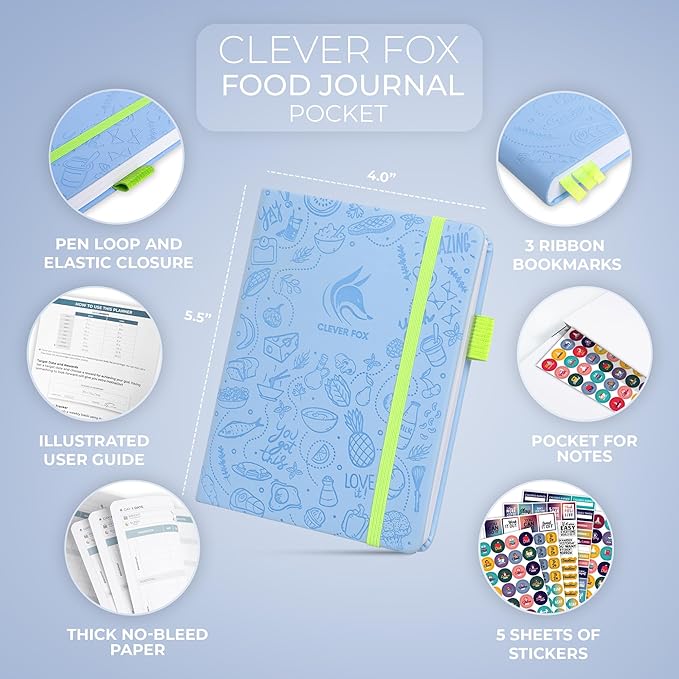 Clever Fox Food Journal Pocket - Daily Food Diary, Meal Planner to Track Calories & Nutrients, Weight Loss Tracker Notebook, 4x5.5” (Light Blue)