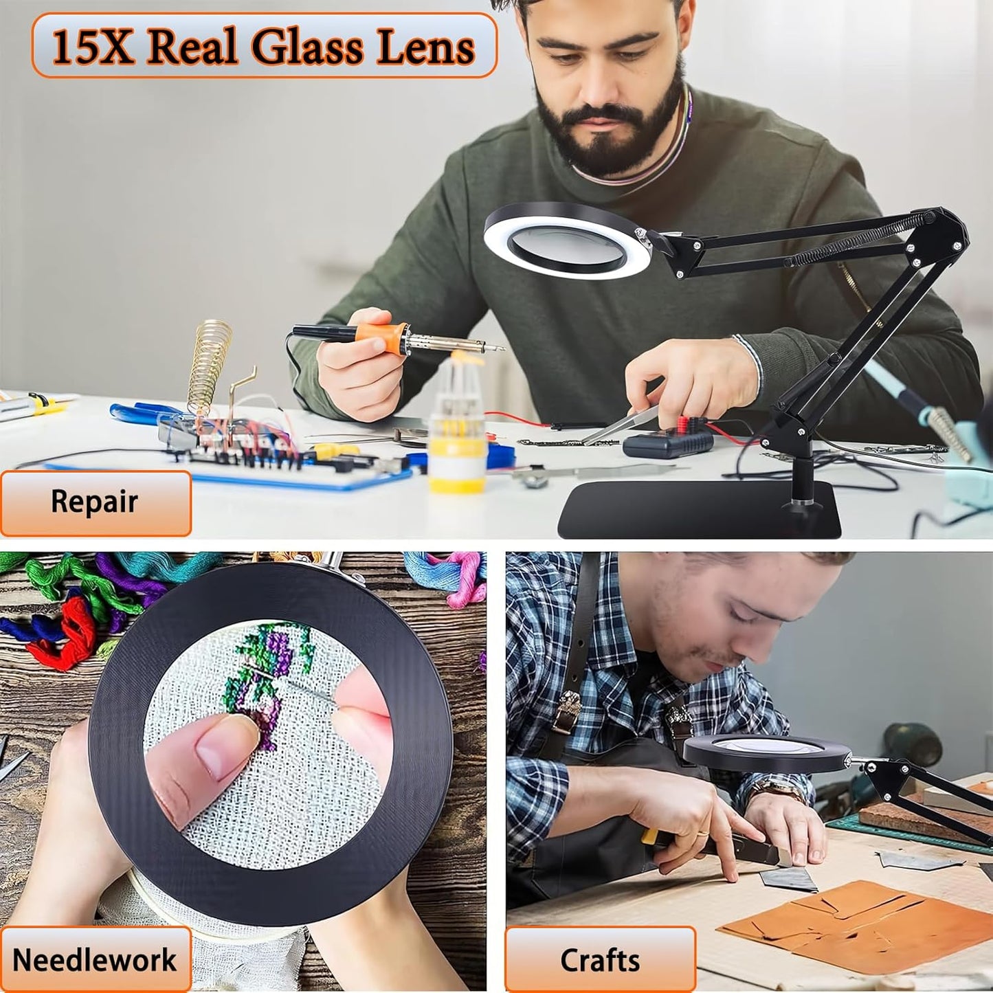 15X Magnifying Glass Lamp with Clamp and Stand, 72 LEDs Desk Lamp with 3 Color Temperatures and 10 Levels Adjustable Brightness for Diamond Art Accessories Hobbies Crafts Reading Close Work Magnifier