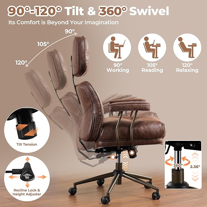 ovios Home Office Chair, Mid-Century Modern Faux PU Leather Chairs with Lumbar Support Comfy Thick Cushion, High Back Ergonomic Swivel Rolling Executive Armchair (Dark Brown, Suede Leather)