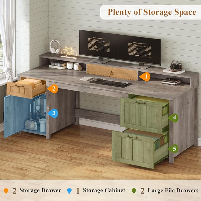 SEDETA Farmhouse 63" Executive Desk, Wood Computer Desk with Drawers and Storage Cabinet, Home Office Desk with File Drawer and Monitor Stand, Wood Desk for Work Study Writing, Grey