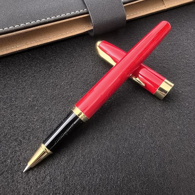 HSK Ballpoint Pens Executive Fountain Pen with Gold Trim, Gift Box Set, Available in Black, Red, Navy Blue,Black Refill Line width 0.5mm (Red)
