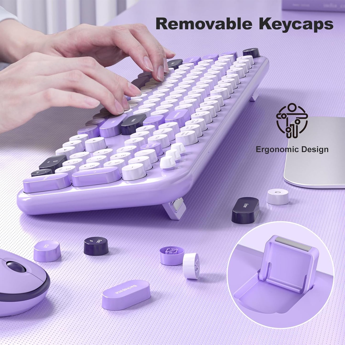 Wireless Keyboard and Mouse, 2.4Ghz USB Retro Full Size Typewriter Keyboard and Cute Mouse Combo for Windows 7/8/10, Laptop, Desktop, PC, Computer (Purple Colorful)