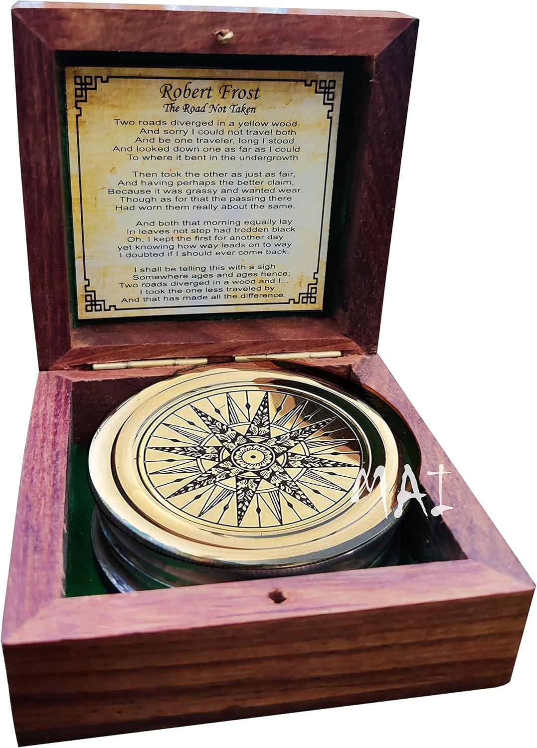 Antiqued Brass Robert Frost Poem Compass with Wooden Box, Inspirational Gifts for Woman, Aniversity Gifts for Men,Engraved Compass,Wedding for Boys, Pocket Compass for Hiking Survival
