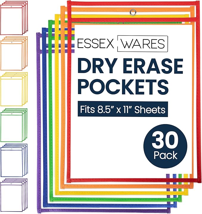 30 Pack, Assorted, Dry Erase Pocket Document Protectors,10" Wide x 13.5" Tall - Dry Erase Clear Plastic Sleeves - Reusable & Easy Erase Plastic Invoice Holders, Water-Resistant & Durable