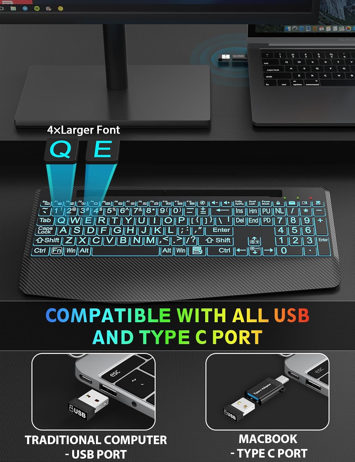 Wireless Keyboard and Mouse Backlits, Wrist Rest, LED Mouse, Rechargeable Ergonomic Keyboard with Phone Holder, Silent Light Up Combo for Computer, Mac, PC, Laptop, Chromebook (Black Large Print)