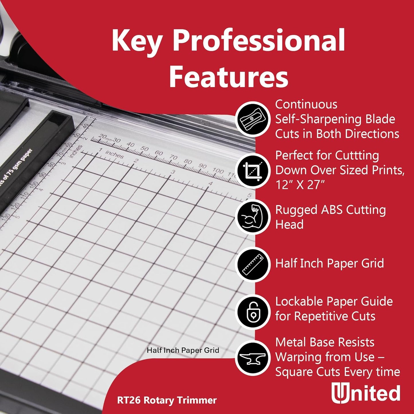 United Office Products RT26 Commercial Rotary Paper Trimmer, Sturdy Metal Base, 26" Cut Length, 15 Sheet Capacity, Paper Cutter for Offices, Schools and Crafts